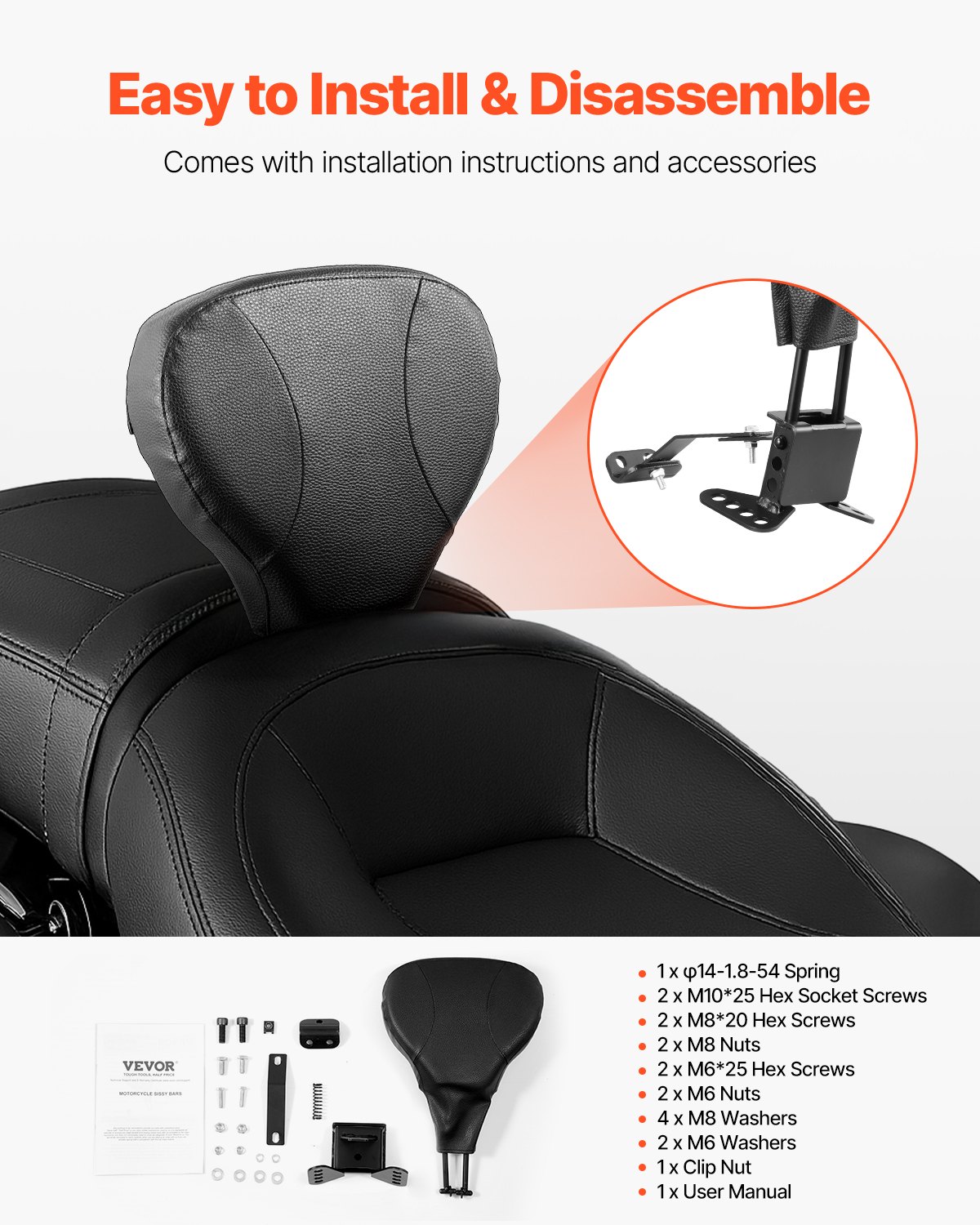 VEVOR Motorcycle Backrest Sissybar Compatible with Harley Touring Models 2009-2024 with One-Piece Slotted Seat, Street Glide, Road Glide, Road King, Height-Adjustable & Removable Rider Backrest