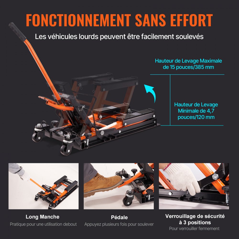 VEVOR Gato de Elevación Hidráulico de Motocicleta Capacidad de 700kg Mesa de Elevación Portátil Altura de Elevación 12-38,5 cm con 4 Ruedas Pie Hidráulico Soporte de Elevación para Motocicleta ATV UTV