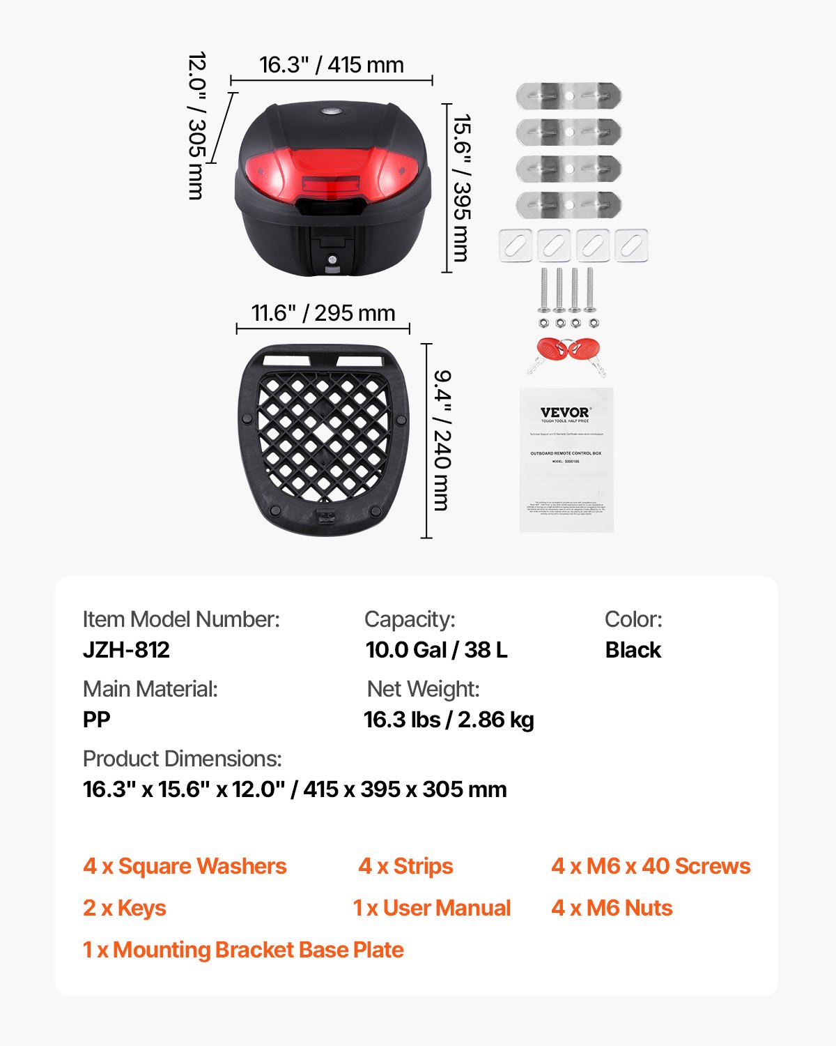 VEVOR Motorcycle Top Case, 38L Rear Box made of PP Material with Reflective Panel, Waterproof & Removable Motorcycle Top Box with Multi-Hole Base, Helmet Case (415 x 395 x 305 mm)