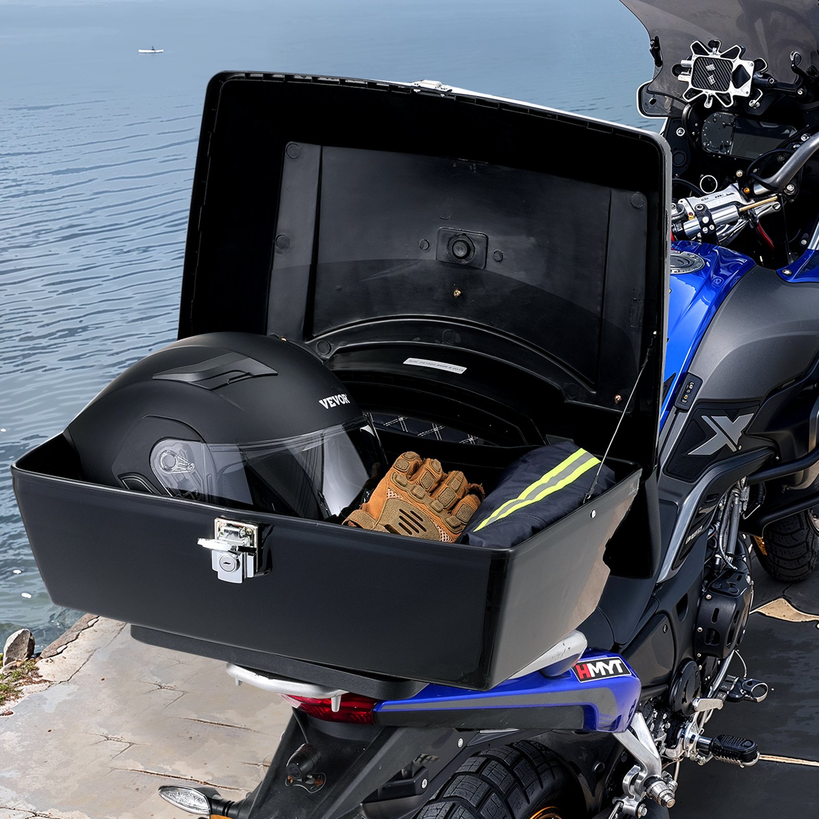 VEVOR Motorcycle Top Case, 48L Universal Rear Box made of PP Material, Waterproof & Removable Motorcycle Top Box with Multi-Hole Base & Shelf, Helmet Case (565 x 500 x 380 mm)