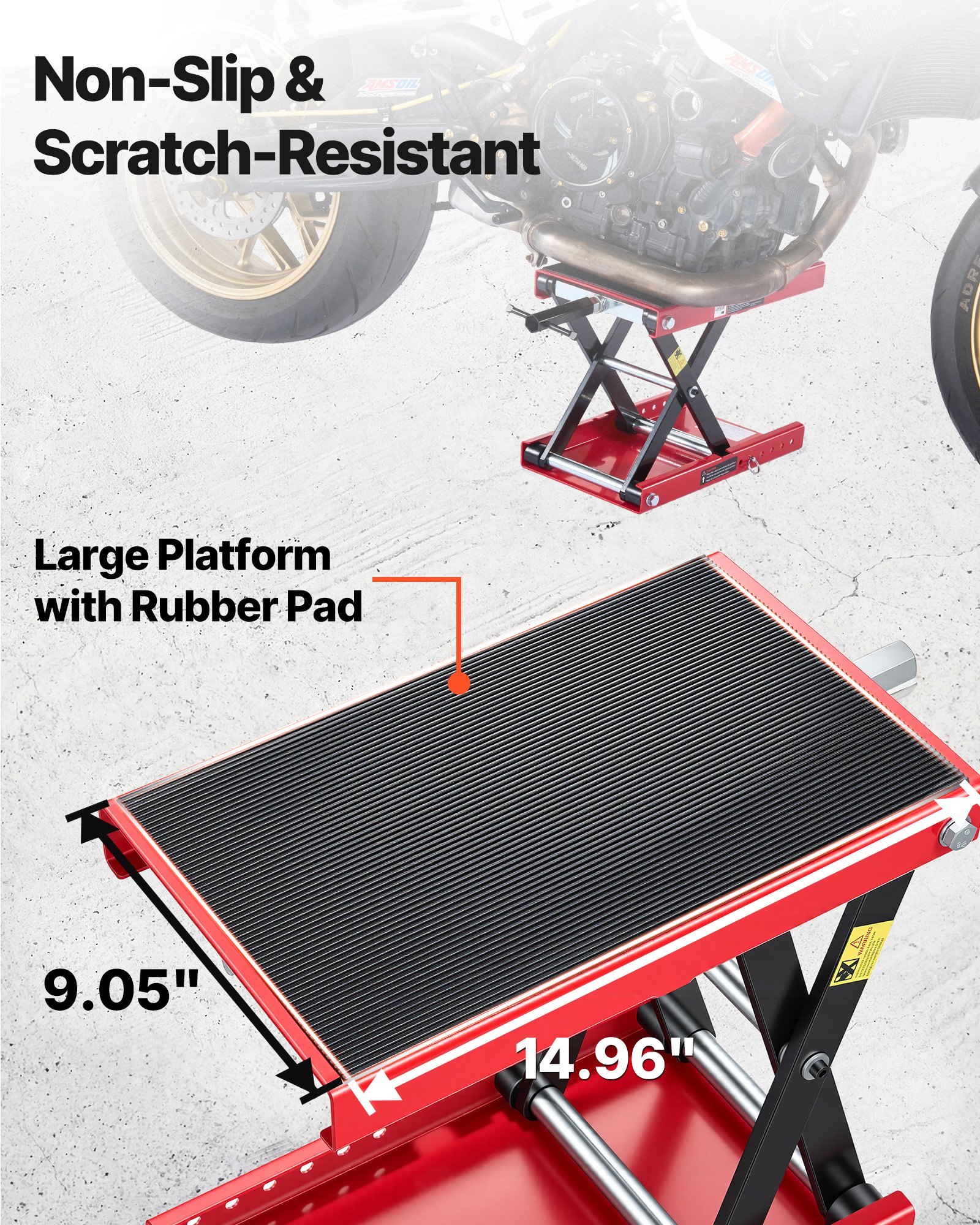 VEVOR Gato Elevador Tijera para Motocicletas 38 x 23 cm, Plataforma Elevadora Capacidad de 499 kg, Caballete para Moto Elevación de 95 a 340 mm para Talleres, Garajes Mecánicos, Rojo y Negro