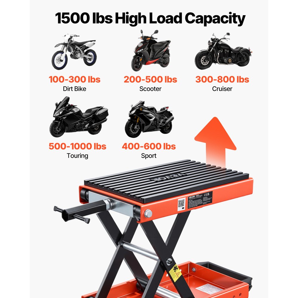 VEVOR Gato Elevador Tijera para Motocicletas 38,5 x 23 cm, Plataforma Elevadora Capacidad de 680 kg, Caballete para Moto Elevación de 105-350 mm para Talleres, Garajes Mecánicos, Naranja y Negro