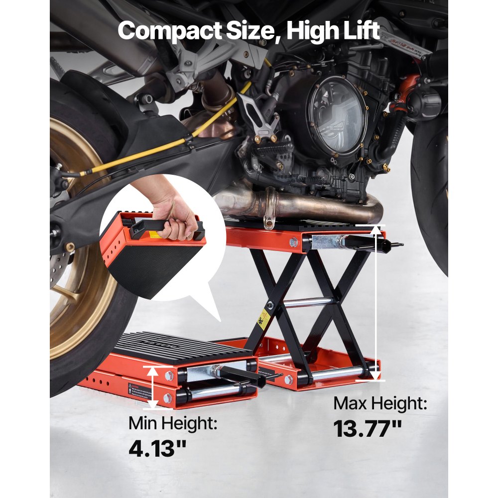 VEVOR Gato Elevador Tijera para Motocicletas 38,5 x 23 cm, Plataforma Elevadora Capacidad de 680 kg, Caballete para Moto Elevación de 105-350 mm para Talleres, Garajes Mecánicos, Naranja y Negro