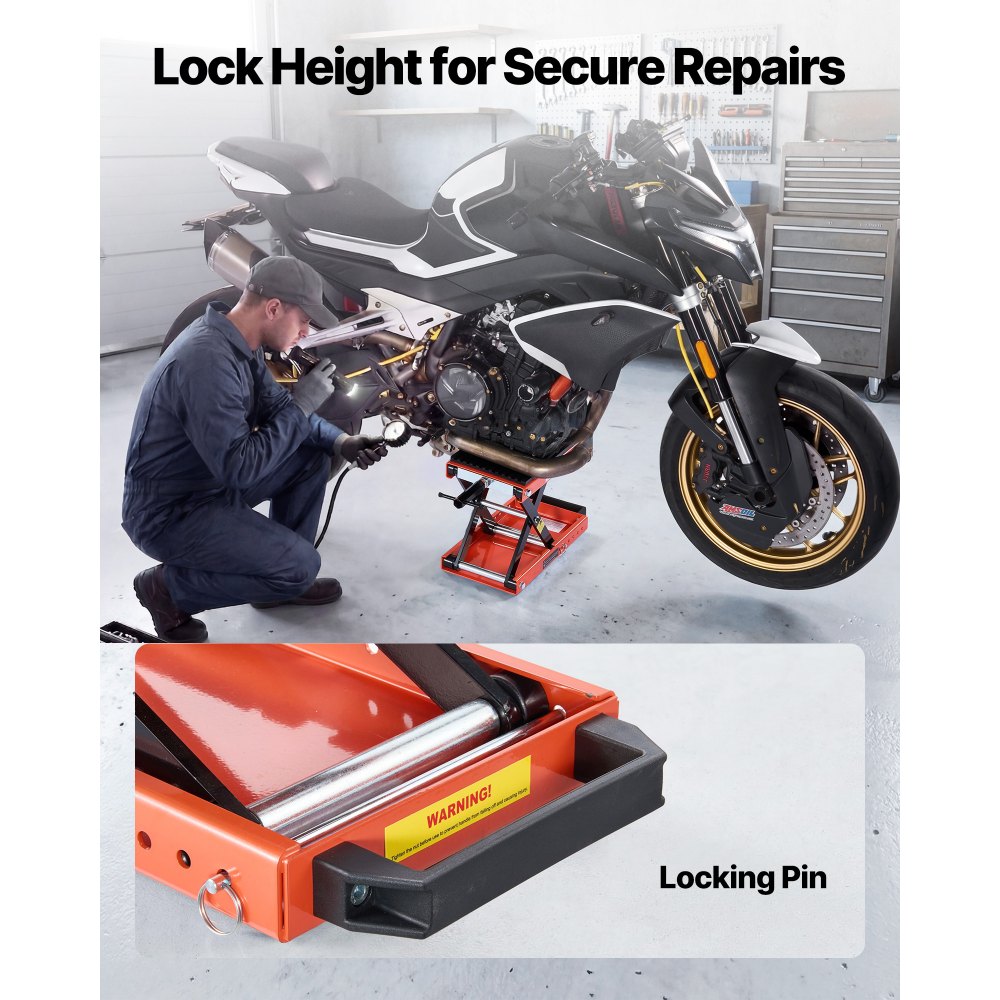 VEVOR Gato Elevador Tijera para Motocicletas 38,5 x 23 cm, Plataforma Elevadora Capacidad de 680 kg, Caballete para Moto Elevación de 105-350 mm para Talleres, Garajes Mecánicos, Naranja y Negro