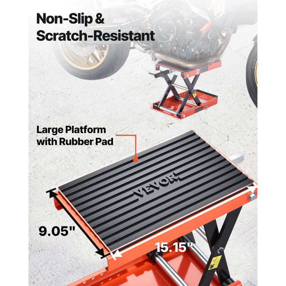 VEVOR Gato Elevador Tijera para Motocicletas 38,5 x 23 cm, Plataforma Elevadora Capacidad de 680 kg, Caballete para Moto Elevación de 105-350 mm para Talleres, Garajes Mecánicos, Naranja y Negro