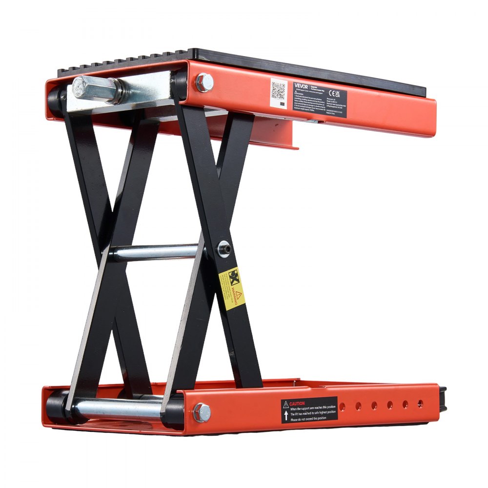 VEVOR Gato Elevador Tijera para Motocicletas 38,5 x 23 cm, Plataforma Elevadora Capacidad de 680 kg, Caballete para Moto Elevación de 105-350 mm para Talleres, Garajes Mecánicos, Naranja y Negro