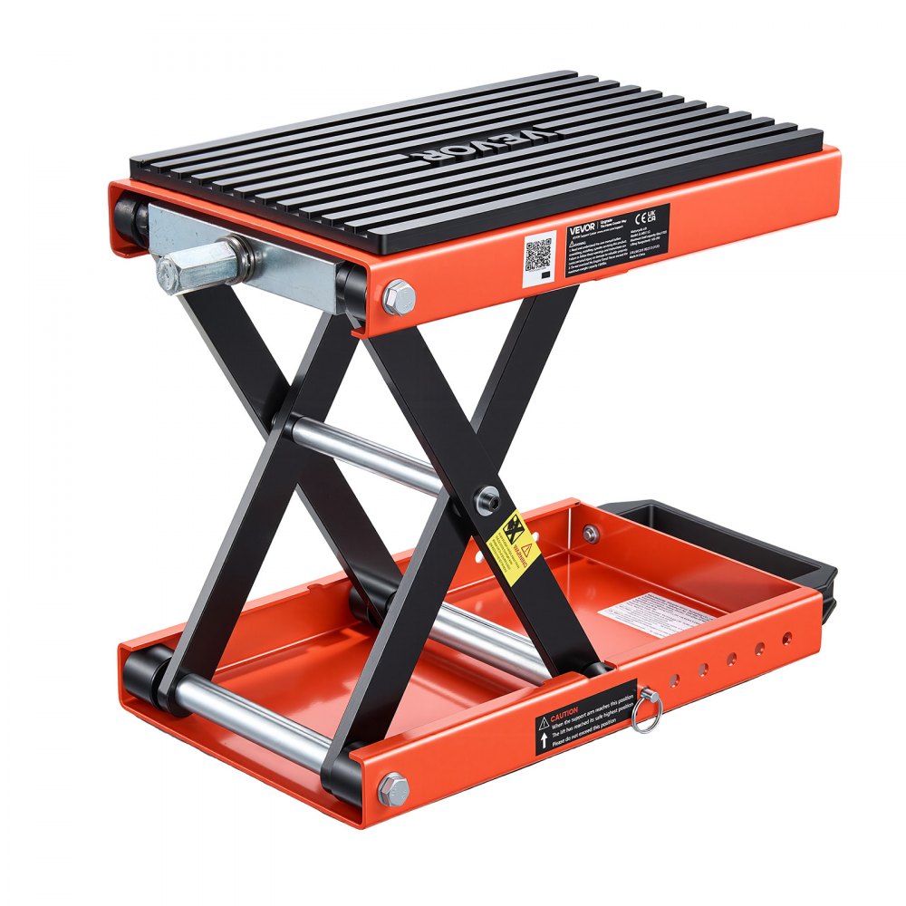 VEVOR Gato Elevador Tijera para Motocicletas 38,5 x 23 cm, Plataforma Elevadora Capacidad de 680 kg, Caballete para Moto Elevación de 105-350 mm para Talleres, Garajes Mecánicos, Naranja y Negro