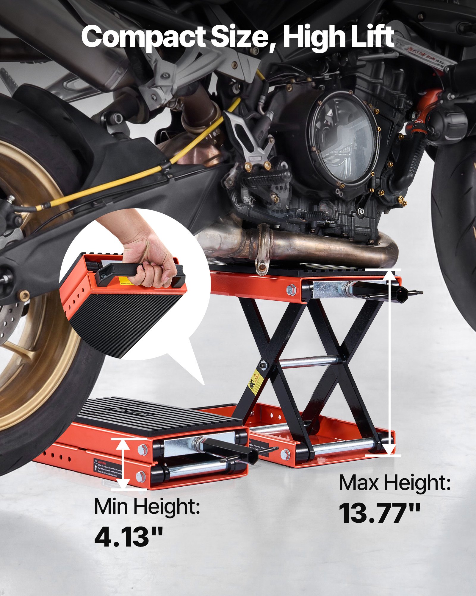 VEVOR Gato Elevador Tijera para Motocicletas 38,5 x 23 cm, Plataforma Elevadora Capacidad de 680 kg, Caballete para Moto Elevación de 105-350 mm para Talleres, Garajes Mecánicos, Naranja y Negro