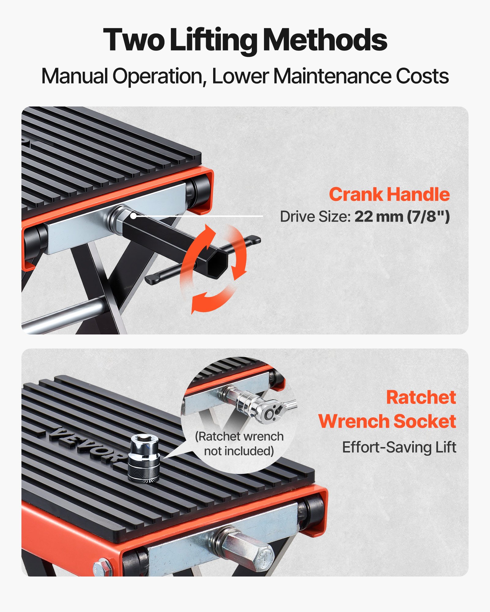 VEVOR Gato Elevador Tijera para Motocicletas 38,5 x 23 cm, Plataforma Elevadora Capacidad de 680 kg, Caballete para Moto Elevación de 105-350 mm para Talleres, Garajes Mecánicos, Naranja y Negro