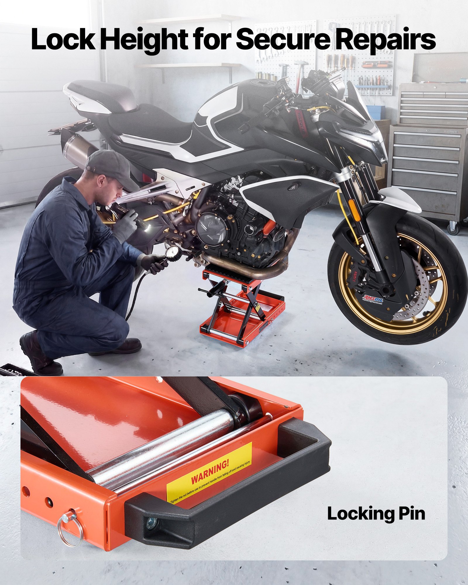 VEVOR Gato Elevador Tijera para Motocicletas 38,5 x 23 cm, Plataforma Elevadora Capacidad de 680 kg, Caballete para Moto Elevación de 105-350 mm para Talleres, Garajes Mecánicos, Naranja y Negro