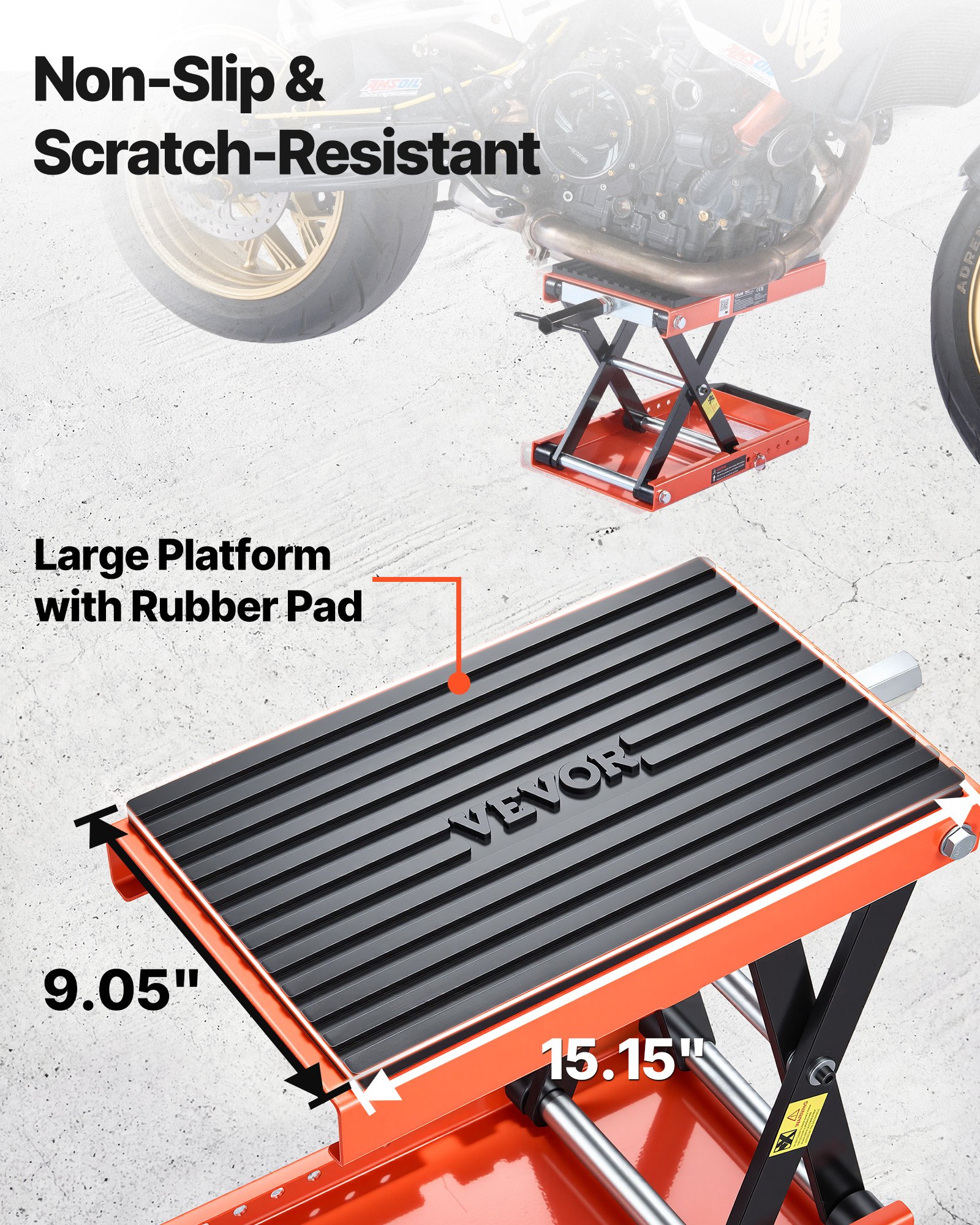 VEVOR Gato Elevador Tijera para Motocicletas 38,5 x 23 cm, Plataforma Elevadora Capacidad de 680 kg, Caballete para Moto Elevación de 105-350 mm para Talleres, Garajes Mecánicos, Naranja y Negro