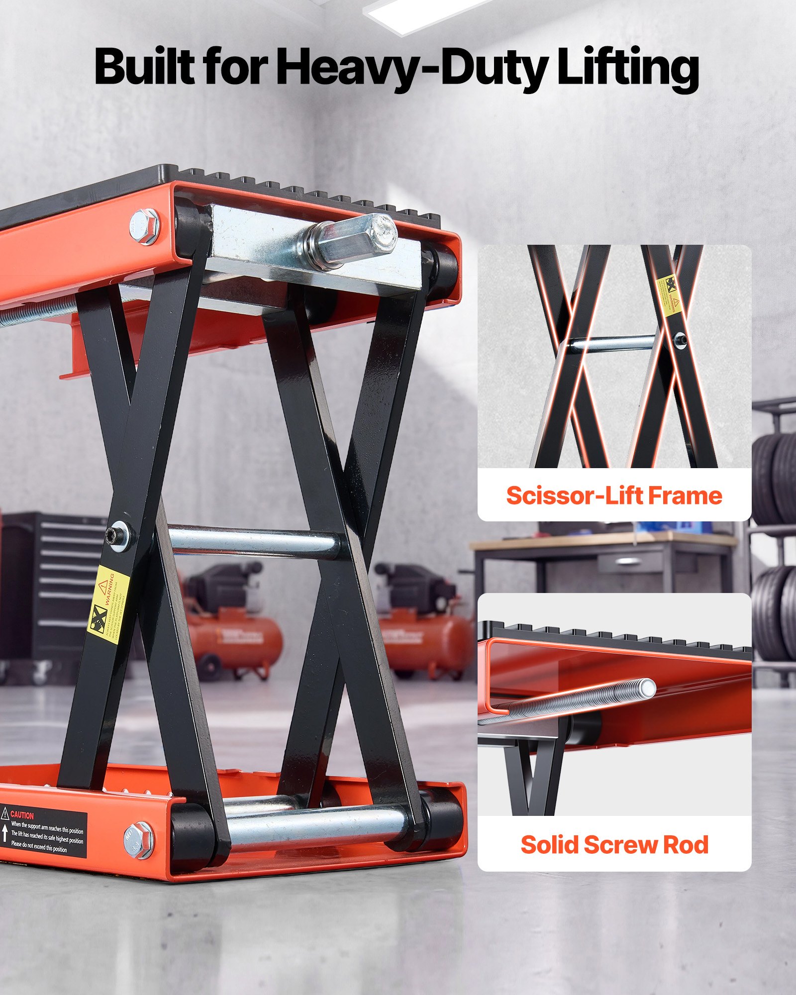 VEVOR Gato Elevador Tijera para Motocicletas 38,5 x 23 cm, Plataforma Elevadora Capacidad de 680 kg, Caballete para Moto Elevación de 105-350 mm para Talleres, Garajes Mecánicos, Naranja y Negro