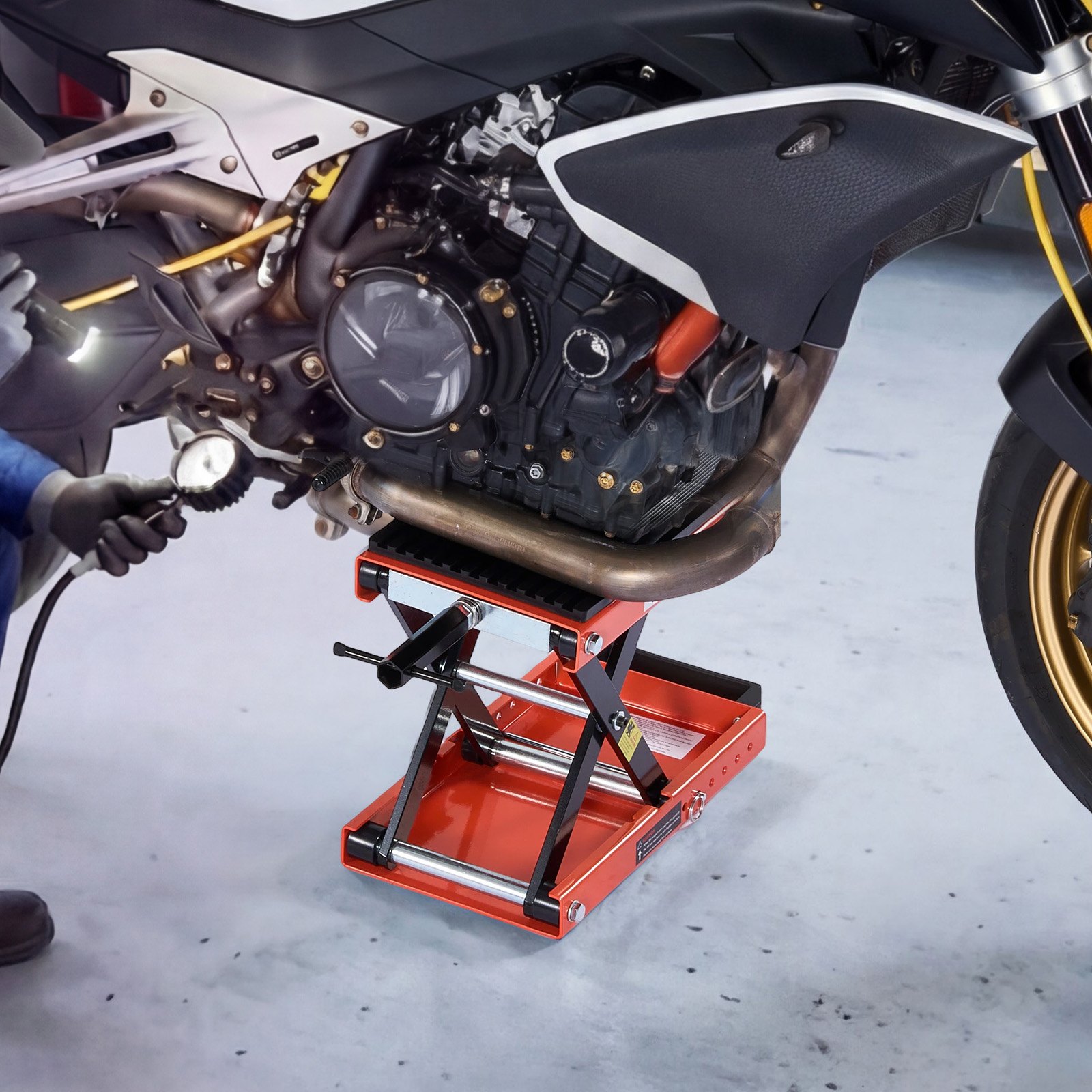 VEVOR Gato Elevador Tijera para Motocicletas 38,5 x 23 cm, Plataforma Elevadora Capacidad de 680 kg, Caballete para Moto Elevación de 105-350 mm para Talleres, Garajes Mecánicos, Naranja y Negro