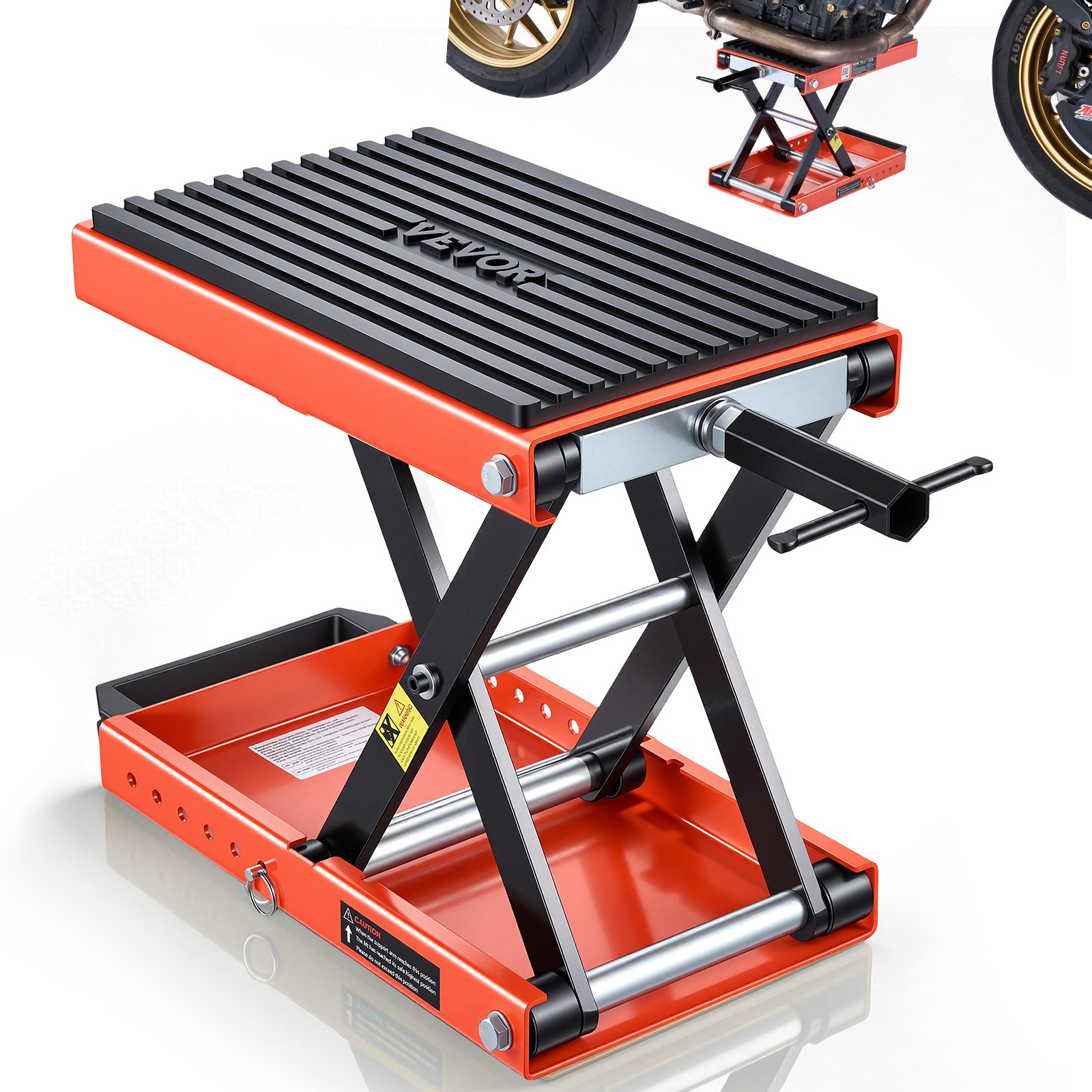 VEVOR Gato Elevador Tijera para Motocicletas 38,5 x 23 cm, Plataforma Elevadora Capacidad de 680 kg, Caballete para Moto Elevación de 105-350 mm para Talleres, Garajes Mecánicos, Naranja y Negro