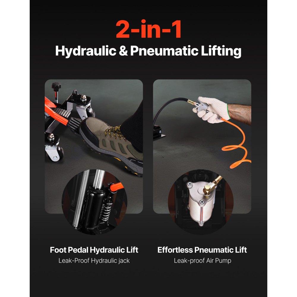 VEVOR Motorcycle Lift, Hydraulic & Pneumatic & Rollable Motorcycle Lift with 119-381 mm Height Range, Bicycle Repair Lift (680 kg Load Capacity) with Removable Ramp