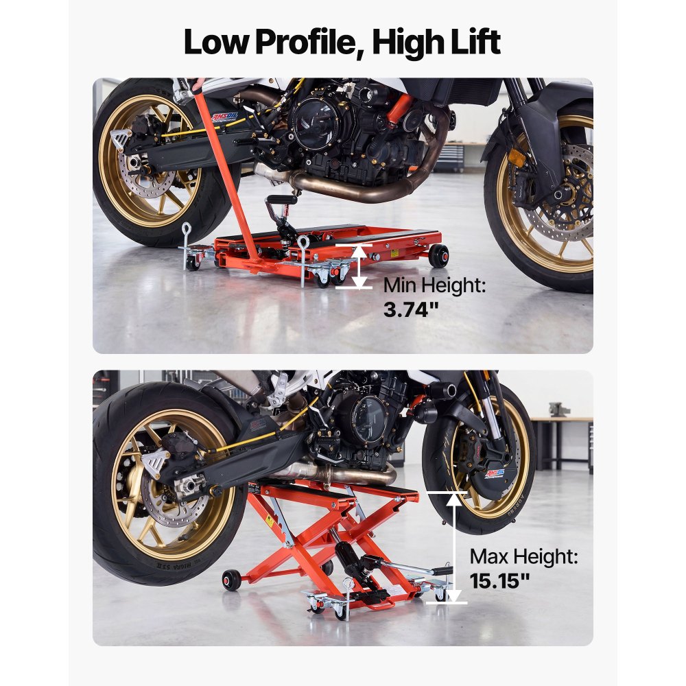 VEVOR Elevador Hidráulico de Motocicletas Capacidad de Carga de 499 kg, Plataforma Elevadora para Motocicletas con 6 Ruedas, Elevación de 120-385 mm, Soporte Estable para ATV, Talleres, Garajes