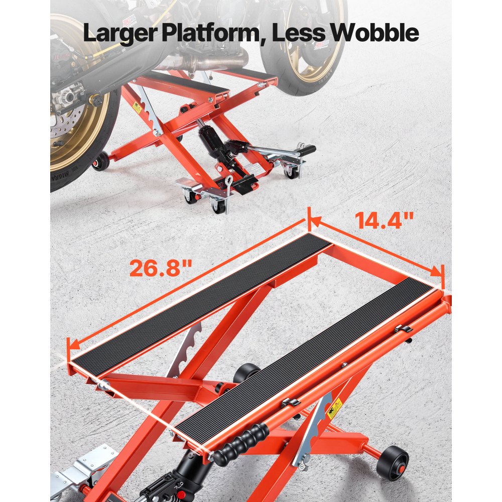VEVOR Elevador Hidráulico de Motocicletas Capacidad de Carga de 499 kg, Plataforma Elevadora para Motocicletas con 6 Ruedas, Elevación de 120-385 mm, Soporte Estable para ATV, Talleres, Garajes