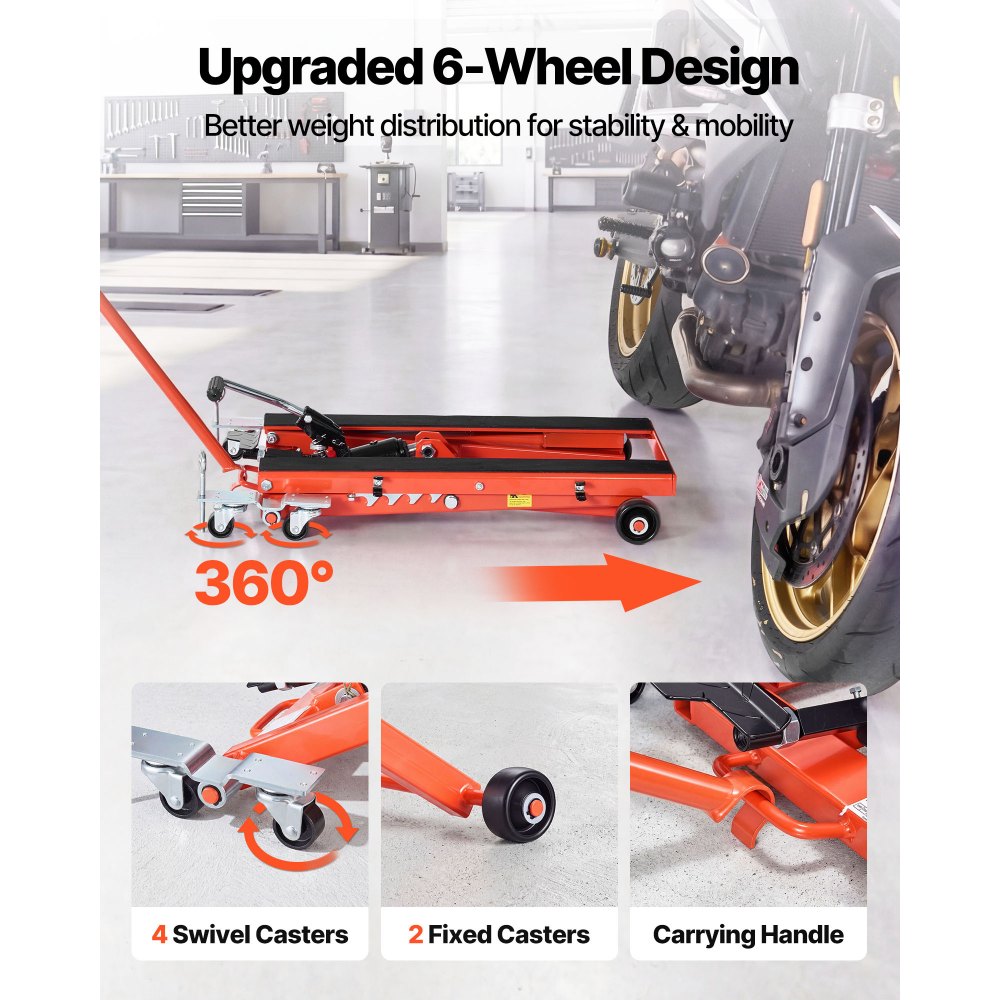 VEVOR Elevador Hidráulico de Motocicletas Capacidad de Carga de 499 kg, Plataforma Elevadora para Motocicletas con 6 Ruedas, Elevación de 120-385 mm, Soporte Estable para ATV, Talleres, Garajes