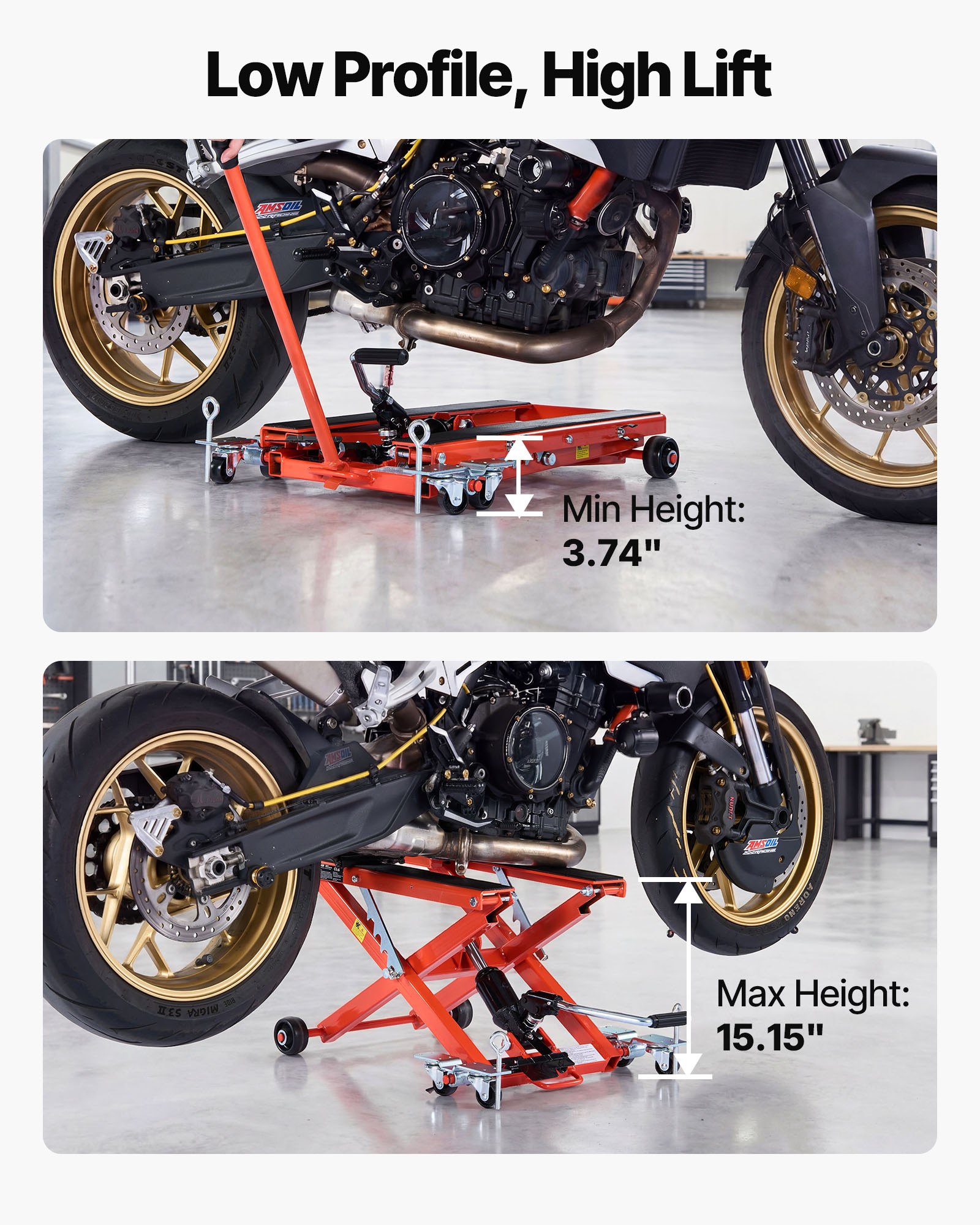 VEVOR Elevador Hidráulico de Motocicletas Capacidad de Carga de 499 kg, Plataforma Elevadora para Motocicletas con 6 Ruedas, Elevación de 120-385 mm, Soporte Estable para ATV, Talleres, Garajes