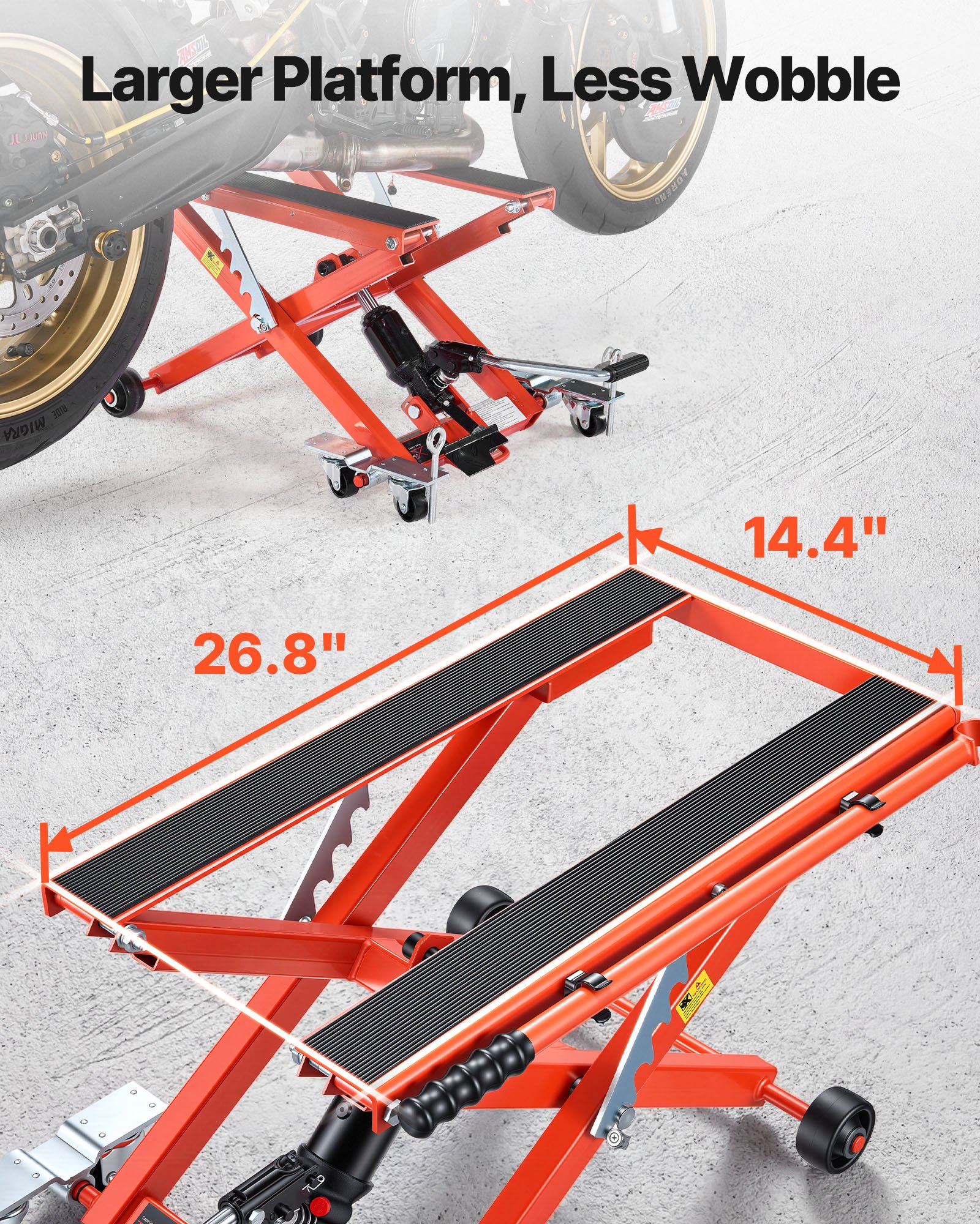 VEVOR Elevador Hidráulico de Motocicletas Capacidad de Carga de 499 kg, Plataforma Elevadora para Motocicletas con 6 Ruedas, Elevación de 120-385 mm, Soporte Estable para ATV, Talleres, Garajes
