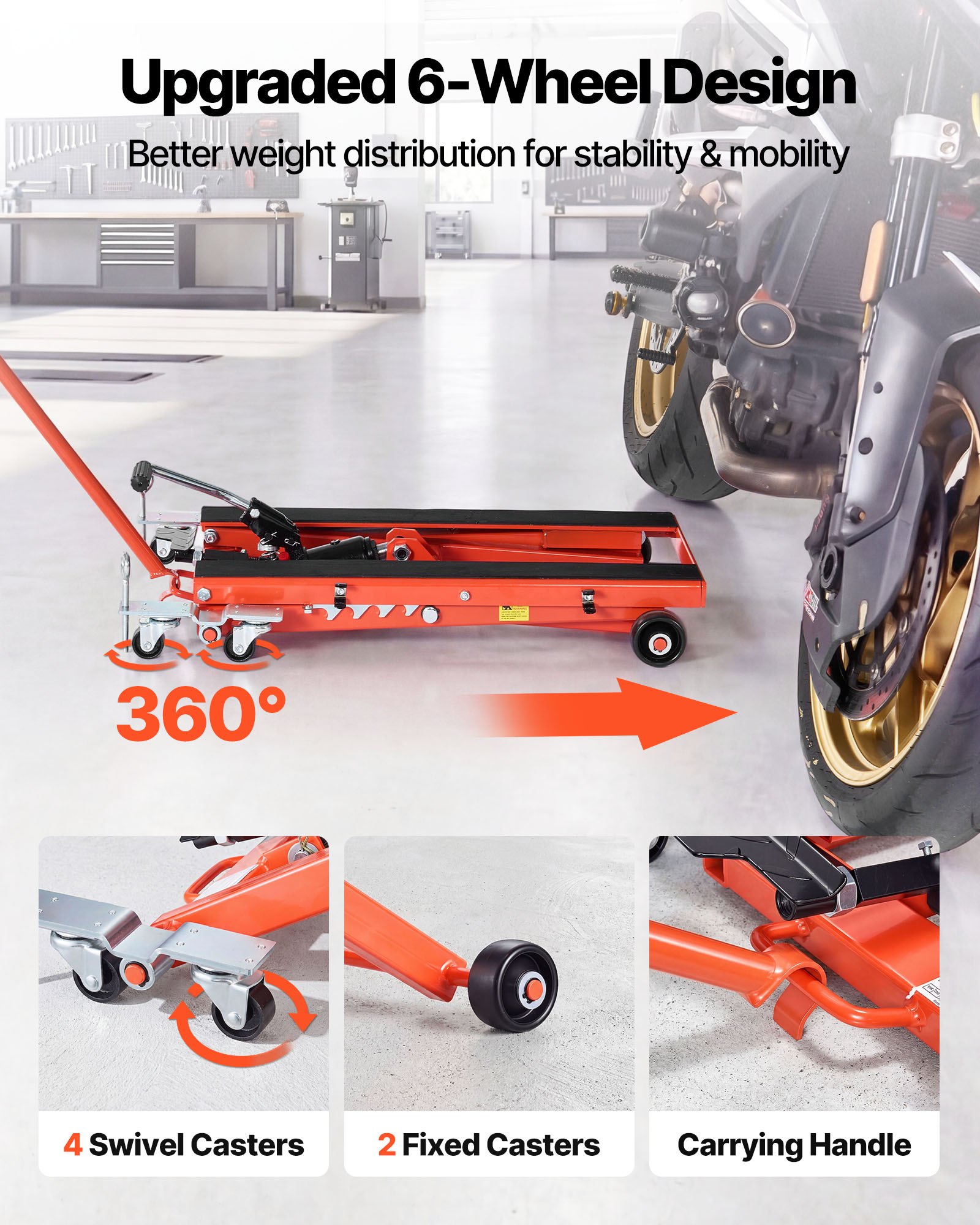 VEVOR Elevador Hidráulico de Motocicletas Capacidad de Carga de 499 kg, Plataforma Elevadora para Motocicletas con 6 Ruedas, Elevación de 120-385 mm, Soporte Estable para ATV, Talleres, Garajes