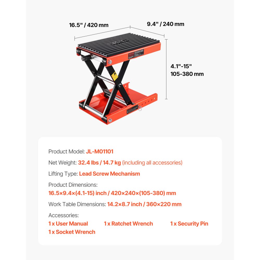 VEVOR Motorcycle Lift, 1200lbs Weight Capacity, Wide Deck Motorcycle Scissor Jack, 4.1-15 in Height Range, Heavy Duty Steel Bike Repair Center Stand with Ratchet and Crank for ATVs, Dirt Bikes
