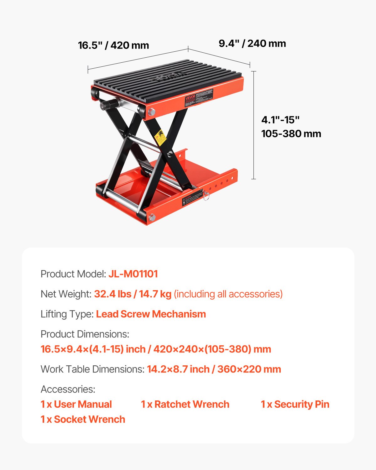 VEVOR Motorcycle Lift, 1200lbs Weight Capacity, Wide Deck Motorcycle Scissor Jack, 4.1-15 in Height Range, Heavy Duty Steel Bike Repair Center Stand with Ratchet and Crank for ATVs, Dirt Bikes