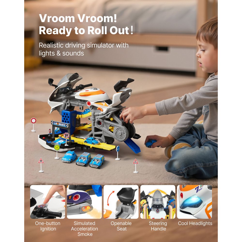 VEVOR Juguete de Motor de Motocicleta, 25 uds Mecánica de Motocicletas con Piezas Extraíbles, Luces y Sonidos, Simulación de Conducción y Carreras en Pista, a Niños a Partir de 3 Años, Amarillo