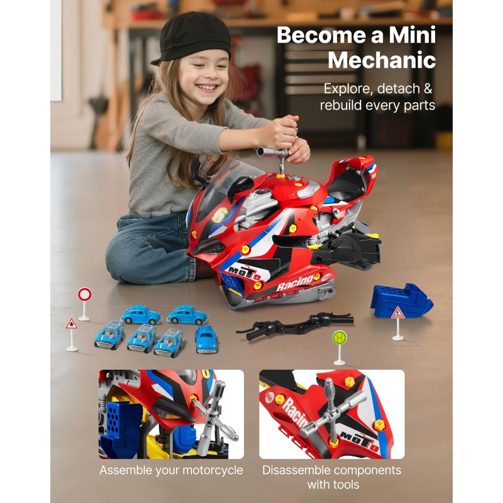 VEVOR Juguete de Motor de Motocicleta, 25 uds de Juguete Mecánico con Piezas Extraíbles, Luces y Sonidos, Simulación de Conducción y Carreras en Pista, para Niños a Partir de 3 Años, Color Rojo
