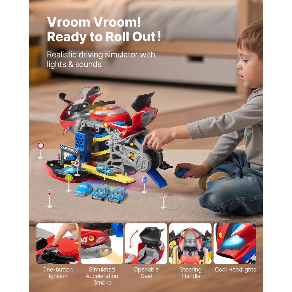 VEVOR Juguete de Motor de Motocicleta, 25 uds de Juguete Mecánico con Piezas Extraíbles, Luces y Sonidos, Simulación de Conducción y Carreras en Pista, para Niños a Partir de 3 Años, Color Rojo