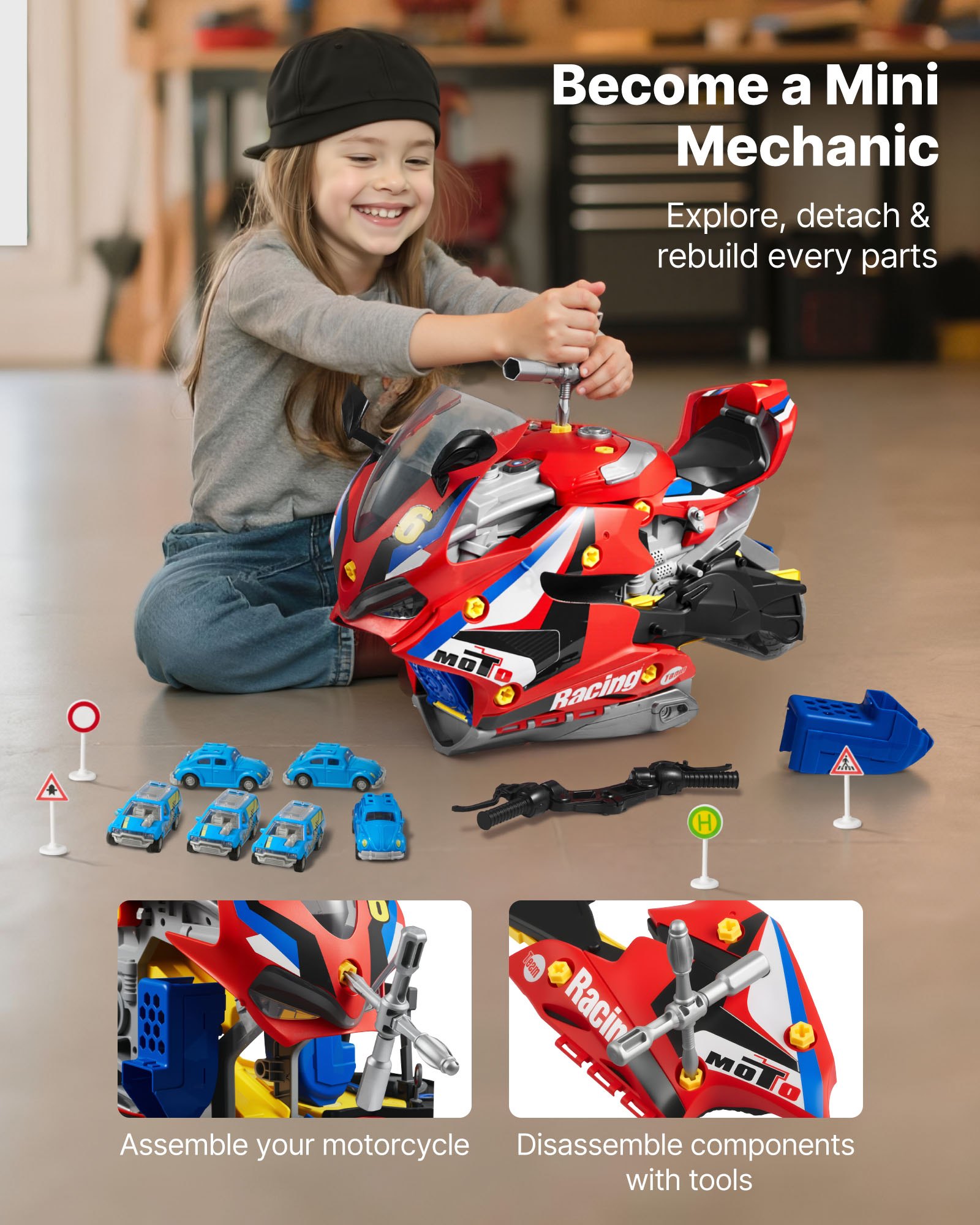 VEVOR Juguete de Motor de Motocicleta, 25 uds de Juguete Mecánico con Piezas Extraíbles, Luces y Sonidos, Simulación de Conducción y Carreras en Pista, para Niños a Partir de 3 Años, Color Rojo