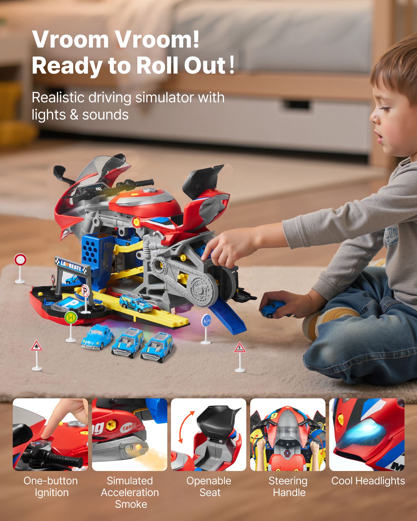 VEVOR Juguete de Motor de Motocicleta, 25 uds de Juguete Mecánico con Piezas Extraíbles, Luces y Sonidos, Simulación de Conducción y Carreras en Pista, para Niños a Partir de 3 Años, Color Rojo
