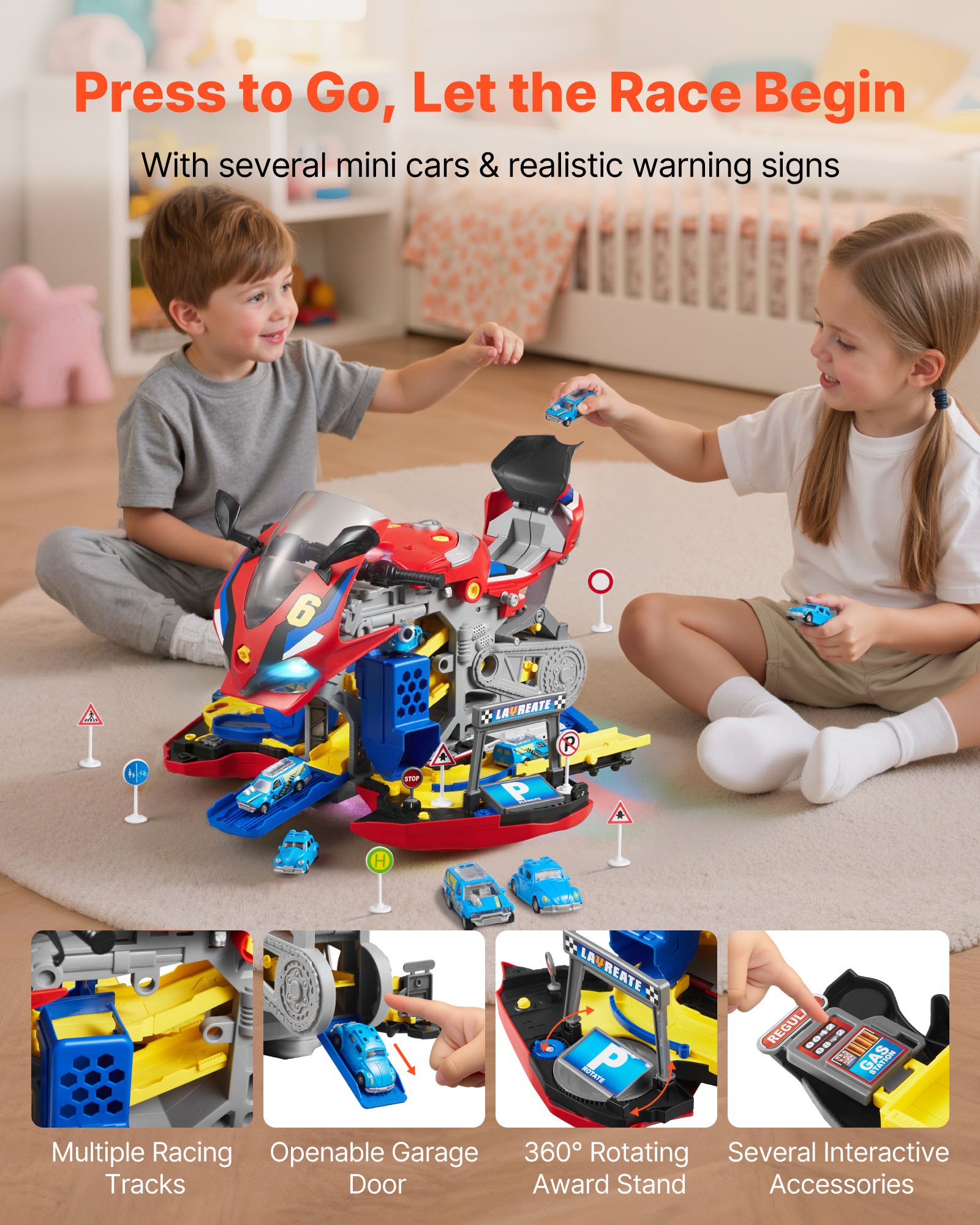 VEVOR Juguete de Motor de Motocicleta, 25 uds de Juguete Mecánico con Piezas Extraíbles, Luces y Sonidos, Simulación de Conducción y Carreras en Pista, para Niños a Partir de 3 Años, Color Rojo