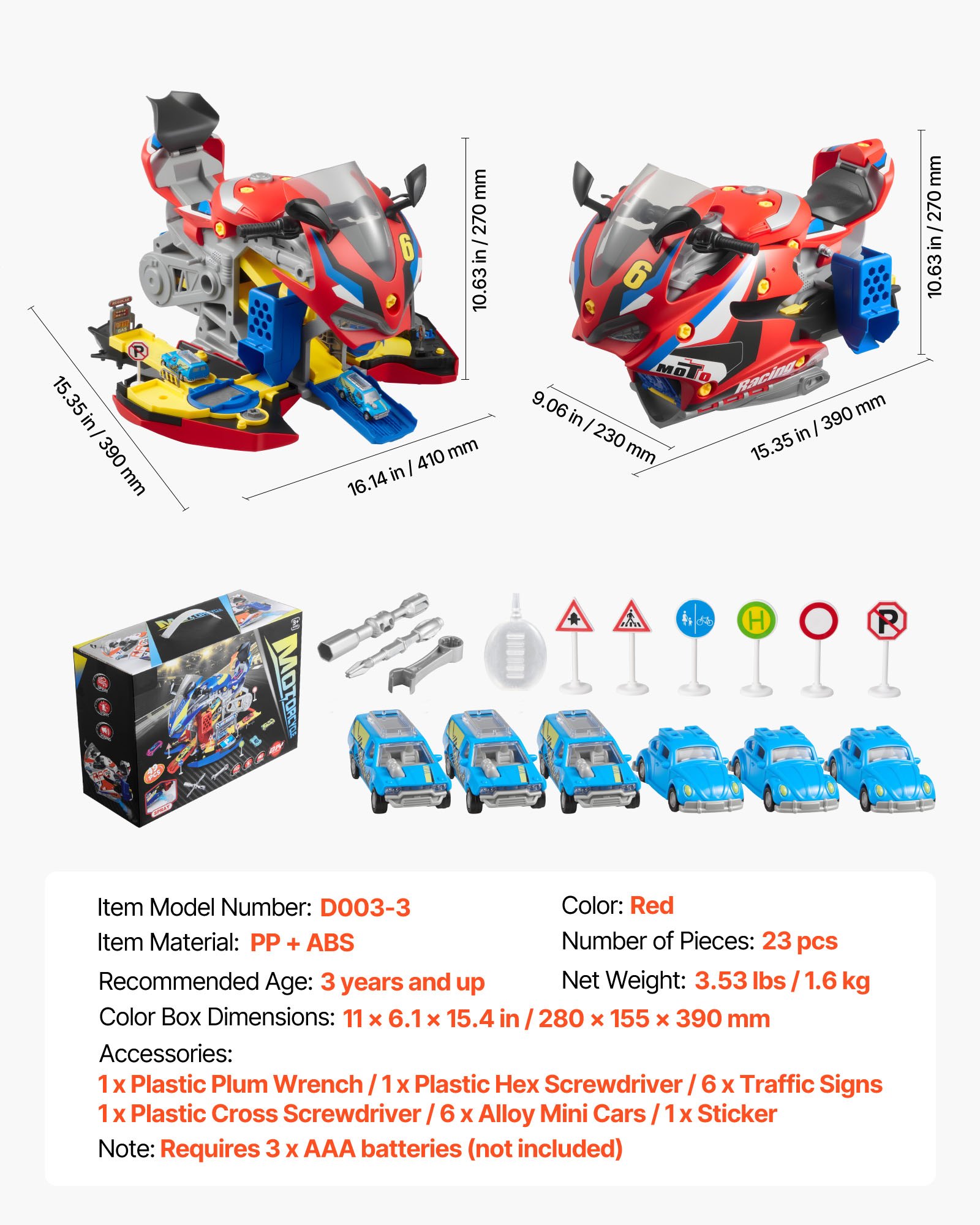 VEVOR Juguete de Motor de Motocicleta, 25 uds de Juguete Mecánico con Piezas Extraíbles, Luces y Sonidos, Simulación de Conducción y Carreras en Pista, para Niños a Partir de 3 Años, Color Rojo