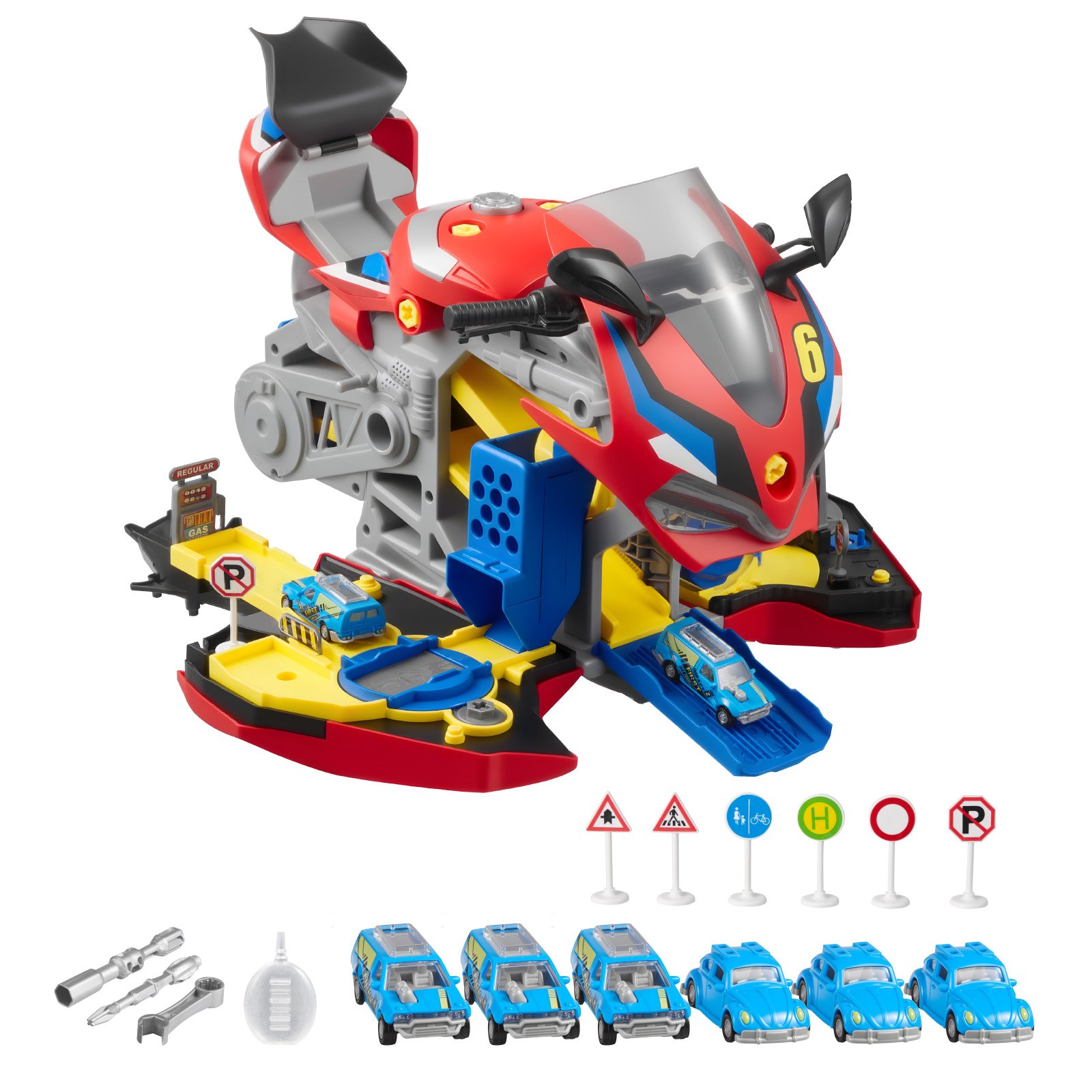 VEVOR Juguete de Motor de Motocicleta, 25 uds de Juguete Mecánico con Piezas Extraíbles, Luces y Sonidos, Simulación de Conducción y Carreras en Pista, para Niños a Partir de 3 Años, Color Rojo