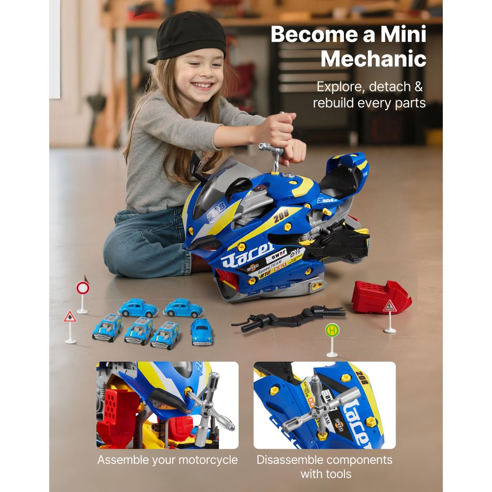 VEVOR Juguete de Motor de Motocicleta, 25 uds de Mecánica de Motocicletas con Piezas Extraíbles, Luces y Sonidos, Simulación de Conducción y Carreras en Pista, para Niños a Partir de 3 Años, Azul