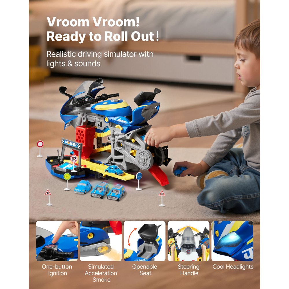 VEVOR Juguete de Motor de Motocicleta, 25 uds de Mecánica de Motocicletas con Piezas Extraíbles, Luces y Sonidos, Simulación de Conducción y Carreras en Pista, para Niños a Partir de 3 Años, Azul