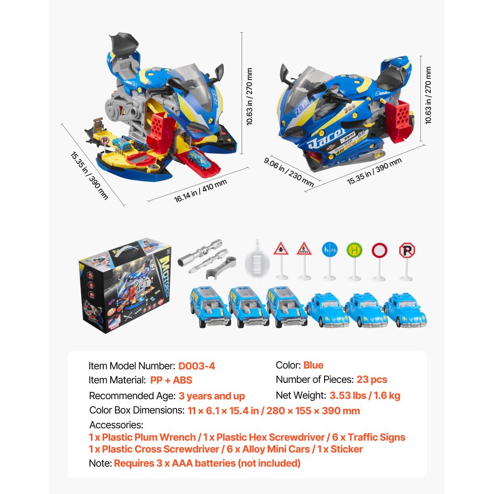 VEVOR Juguete de Motor de Motocicleta, 25 uds de Mecánica de Motocicletas con Piezas Extraíbles, Luces y Sonidos, Simulación de Conducción y Carreras en Pista, para Niños a Partir de 3 Años, Azul