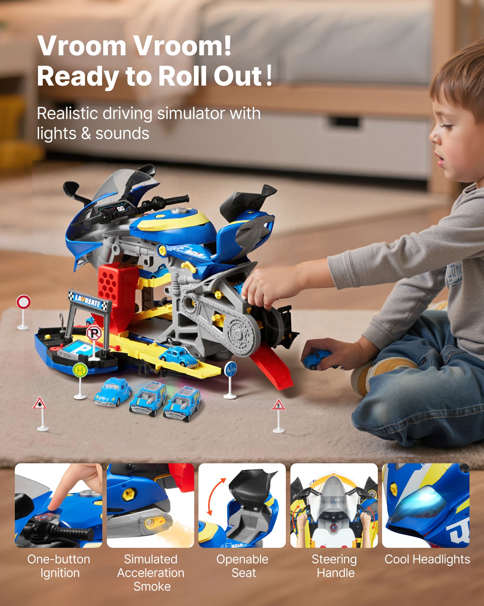 VEVOR Juguete de Motor de Motocicleta, 25 uds de Mecánica de Motocicletas con Piezas Extraíbles, Luces y Sonidos, Simulación de Conducción y Carreras en Pista, para Niños a Partir de 3 Años, Azul