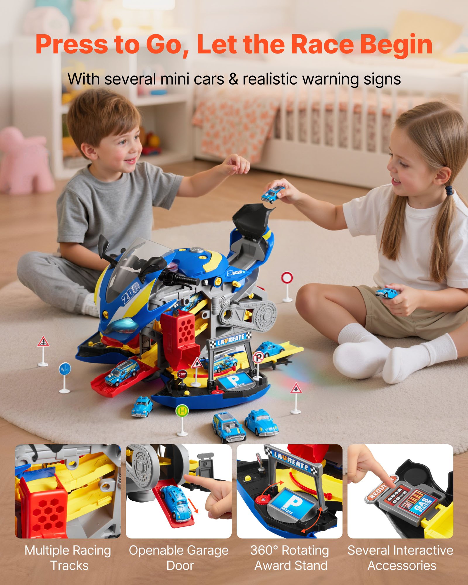 VEVOR Juguete de Motor de Motocicleta, 25 uds de Mecánica de Motocicletas con Piezas Extraíbles, Luces y Sonidos, Simulación de Conducción y Carreras en Pista, para Niños a Partir de 3 Años, Azul