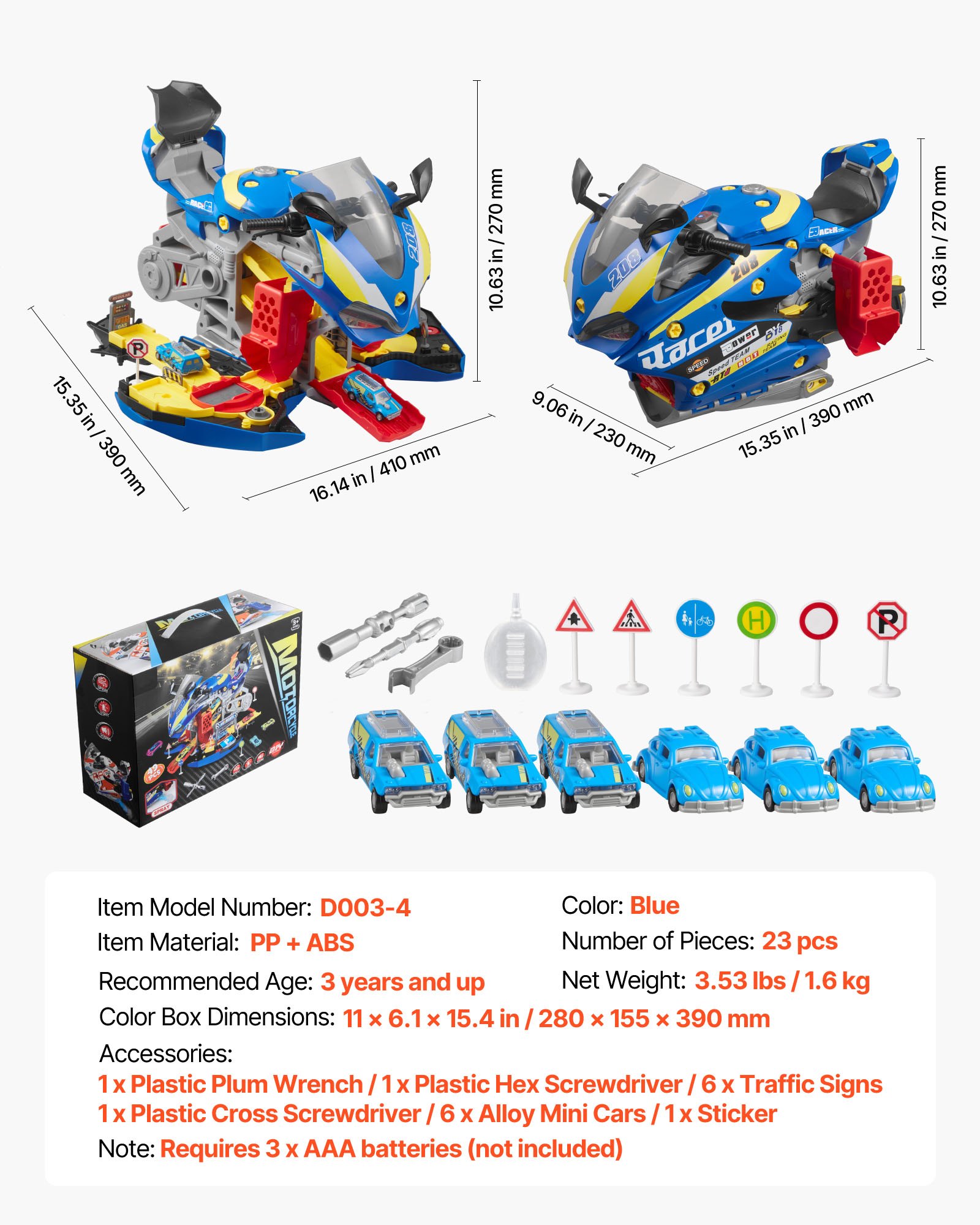 VEVOR Juguete de Motor de Motocicleta, 25 uds de Mecánica de Motocicletas con Piezas Extraíbles, Luces y Sonidos, Simulación de Conducción y Carreras en Pista, para Niños a Partir de 3 Años, Azul