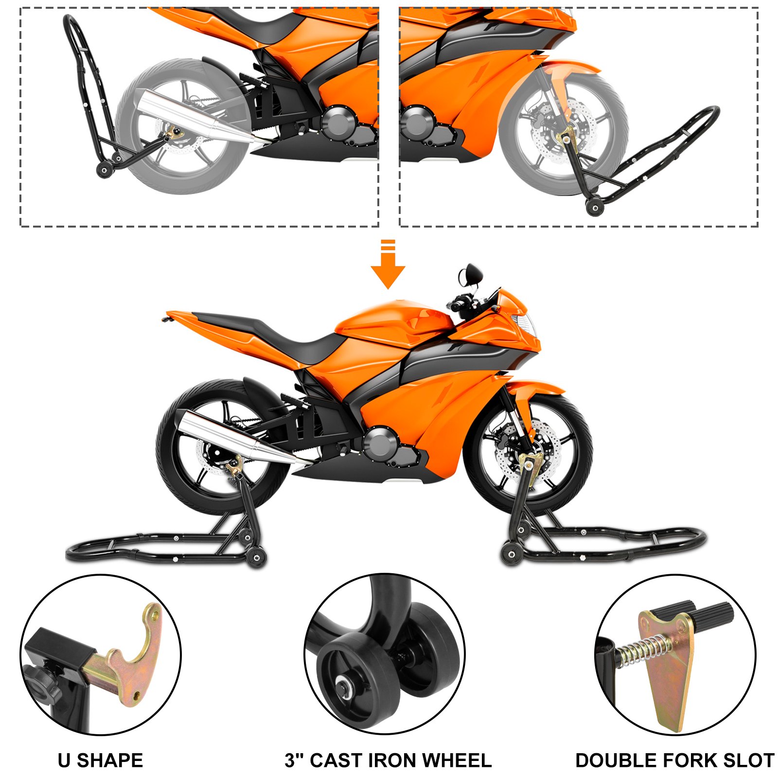 Vevor Caballete De Moto Elevador 1 Par (soporte Delantero + Trasero) 300kg Acero