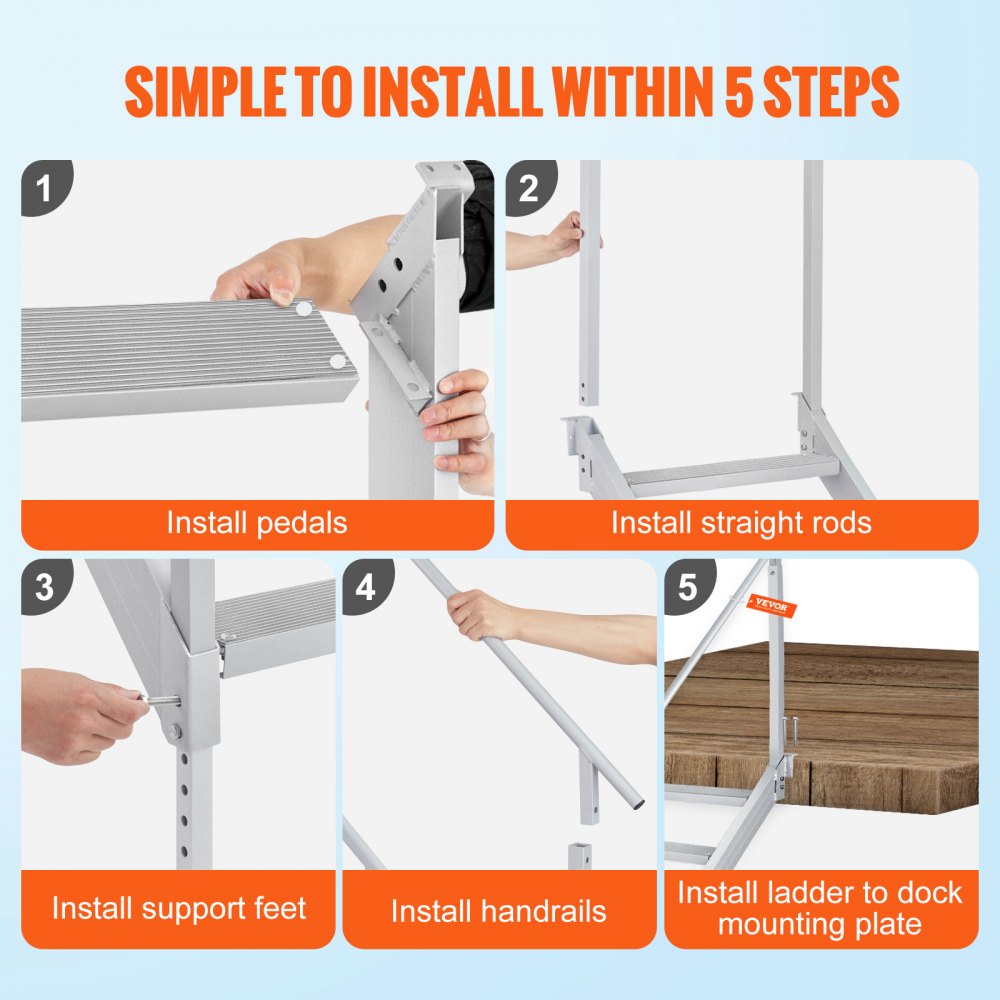 VEVOR 4-step bathing ladder with two handrails, boat ladder 800x1850x1750mm, pool ladder made of aluminum alloy, step ladder, 250kg load capacity, 55x10cm pedals, ideal for harbors, boats, swimming pools