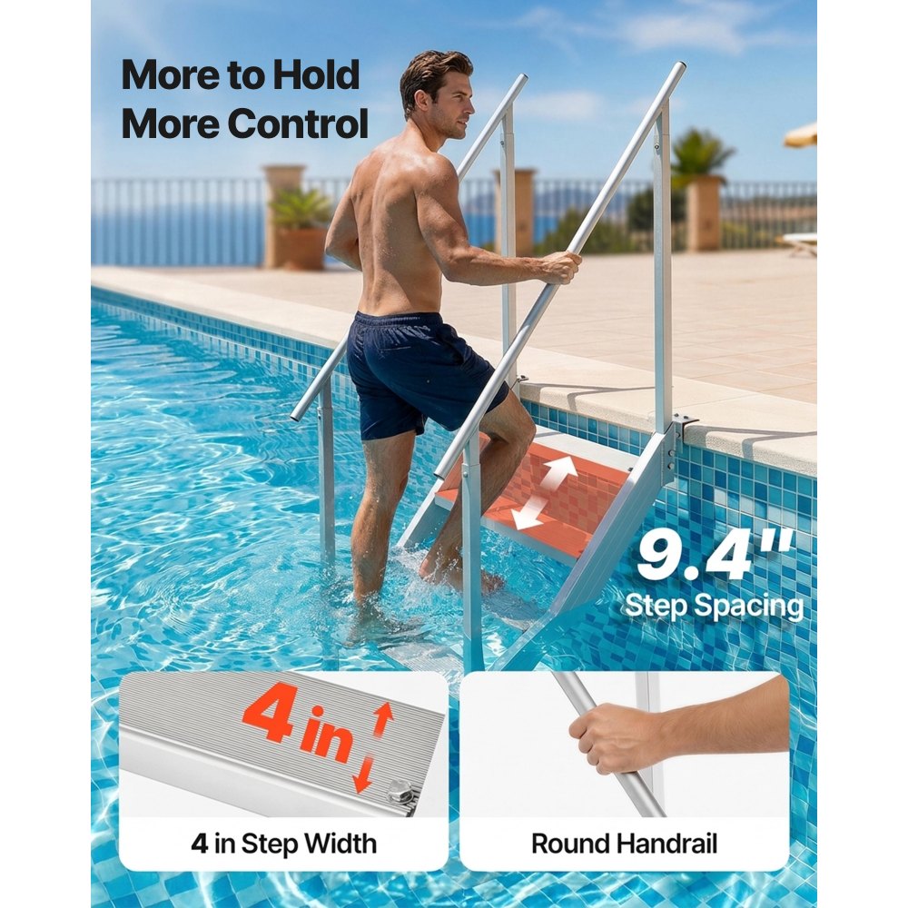 VEVOR Escalera de Muelle Altura Ajustable 75-96 cm Pontón Escalera para Barco 4 Escalones Aleación de Aluminio Carga 226 kg con Pasamanos Pedales Antideslizantes para Embarque en Barco, Piscina
