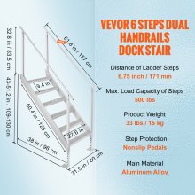 VEVOR Escalera de Muelle Altura Ajustable 109-130 cm Pontón Escalera para Barco 6 Escalones Aleación de Aluminio Carga 226 kg con Pasamanos Alfombrilla de Goma Antideslizante para Embarque Barco Pisci