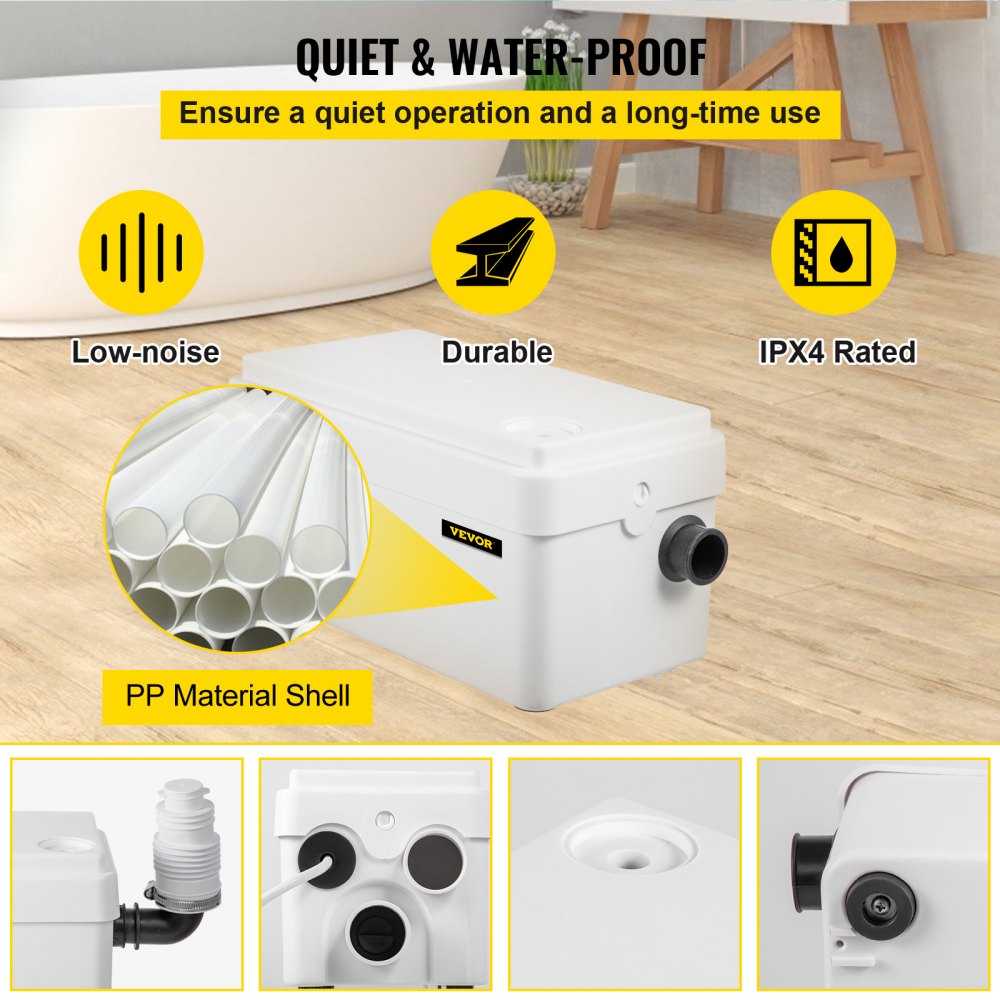 VEVOR Triturador Sanitario 250W Trituradora Sanitaria de Agua Residual 80L/min Inodoro Triturador 14x6,3x6,3" 2 Entradas (1 Cara) en Sótanos Lofts Cocinas Baños Lavabos Duchas para Eliminación de Agua