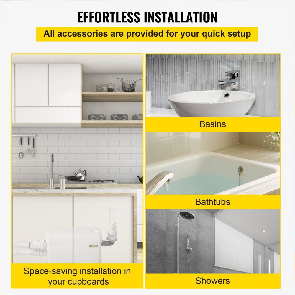 VEVOR Triturador Sanitario 250W Trituradora Sanitaria de Agua Residual 80L/min Inodoro Triturador 14x6,3x6,3" 2 Entradas (1 Cara) en Sótanos Lofts Cocinas Baños Lavabos Duchas para Eliminación de Agua