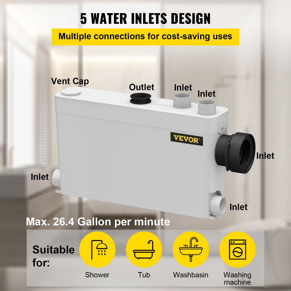VEVOR Triturador Sanitario 400 W Trituradora de Agua Residual 100 L/min 220 V Inodoro Triturador 18,5x5x12 5 Entradas (1 Cara) en Sótanos Lofts Cocinas Baños Lavabos Duchas para Eliminación de Agua