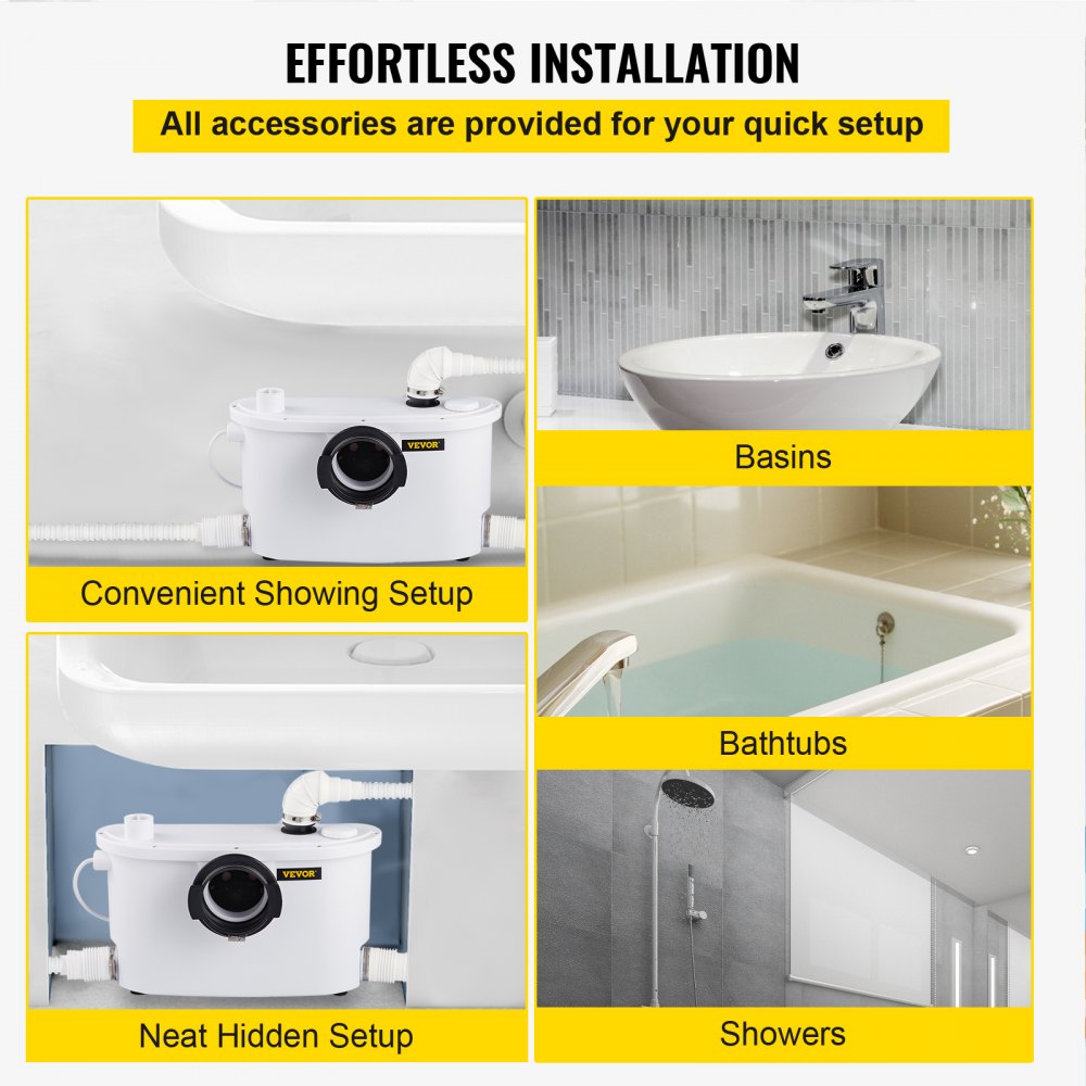 VEVOR Triturador Sanitario 400W Trituradora Sanitaria de Agua Residual 100L/min Inodoro Triturador 18x6x11" 4 Entradas de Agua en Sótanos Lofts Cocinas Baños Lavabos Duchas para Eliminación de Agua