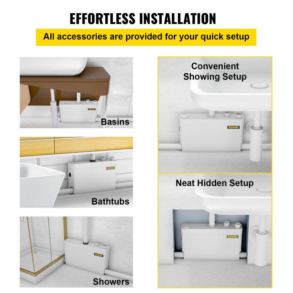 VEVOR Triturador Sanitario 400 W Trituradora de Agua Residual 100 L/min 220 V Inodoro Triturador 17x5x12,5" 4 Entradas (2 Caras) en Sótanos Lofts Cocinas Baños Lavabos Duchas para Eliminación de Agua